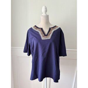 Jones New York XXL Navy Blue Blouse With Embroidered Yoke & Short Sleeves